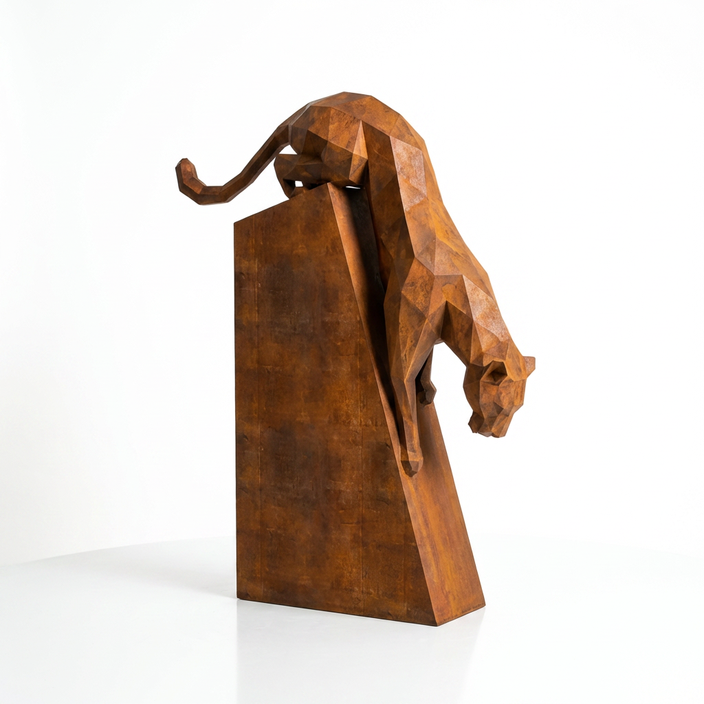 Grande Sculpture Origami Panthère en Descente en Corten