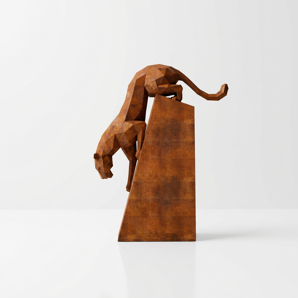 Grande Sculpture Origami Panthère en Descente en Corten