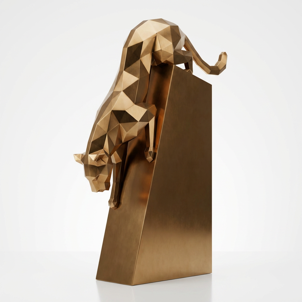 Grande Sculpture Origami Panthère en Descente en Inox Effet Bronze