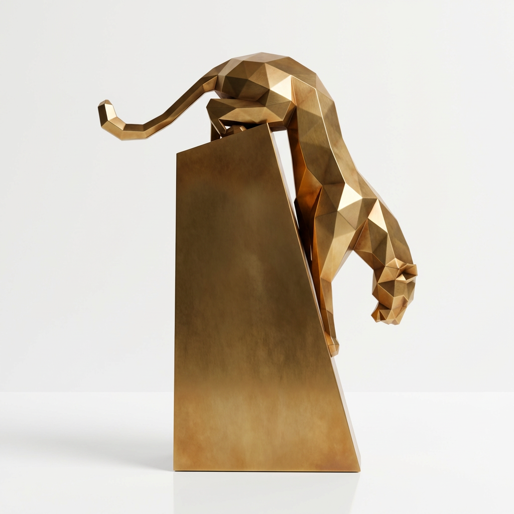 Grande Sculpture Origami Panthère en Descente en Inox Effet Bronze
