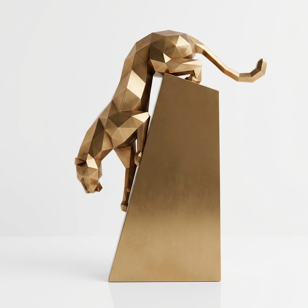 Grande Sculpture Origami Panthère en Descente en Inox Effet Bronze