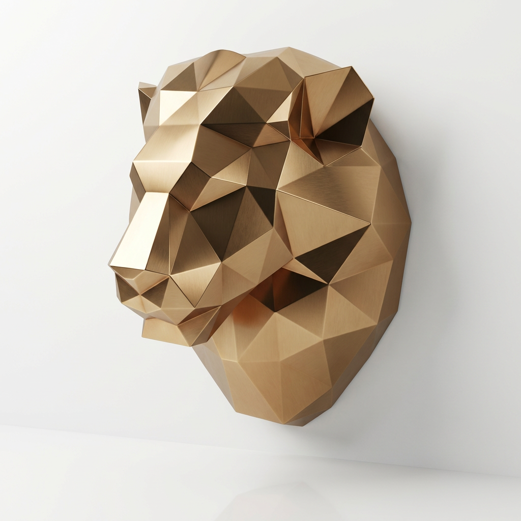 Sculpture Tête de Lion Géométrique En Inox Effet Bronze