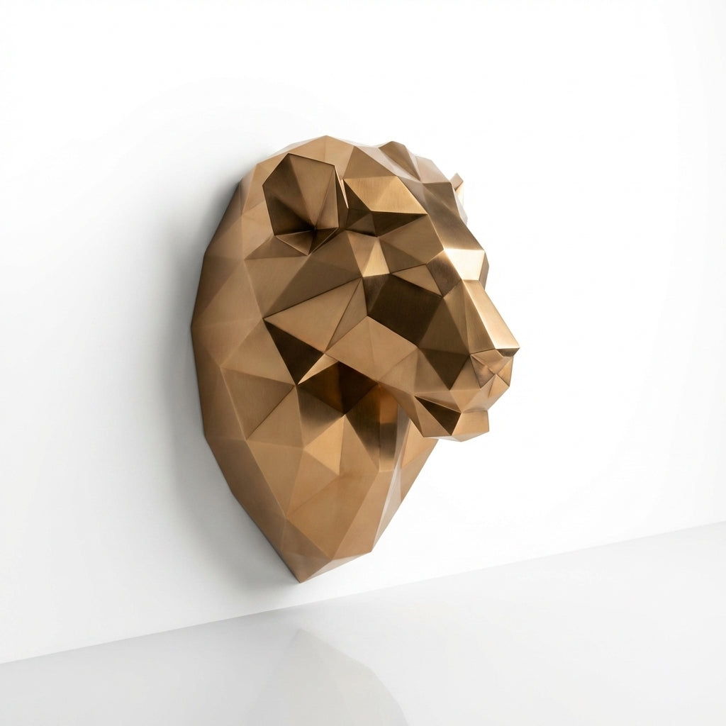Sculpture Tête de Lion Géométrique En Inox Effet Bronze