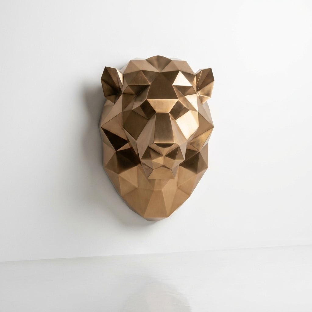 Sculpture Tête de Lion Géométrique En Inox Effet Bronze