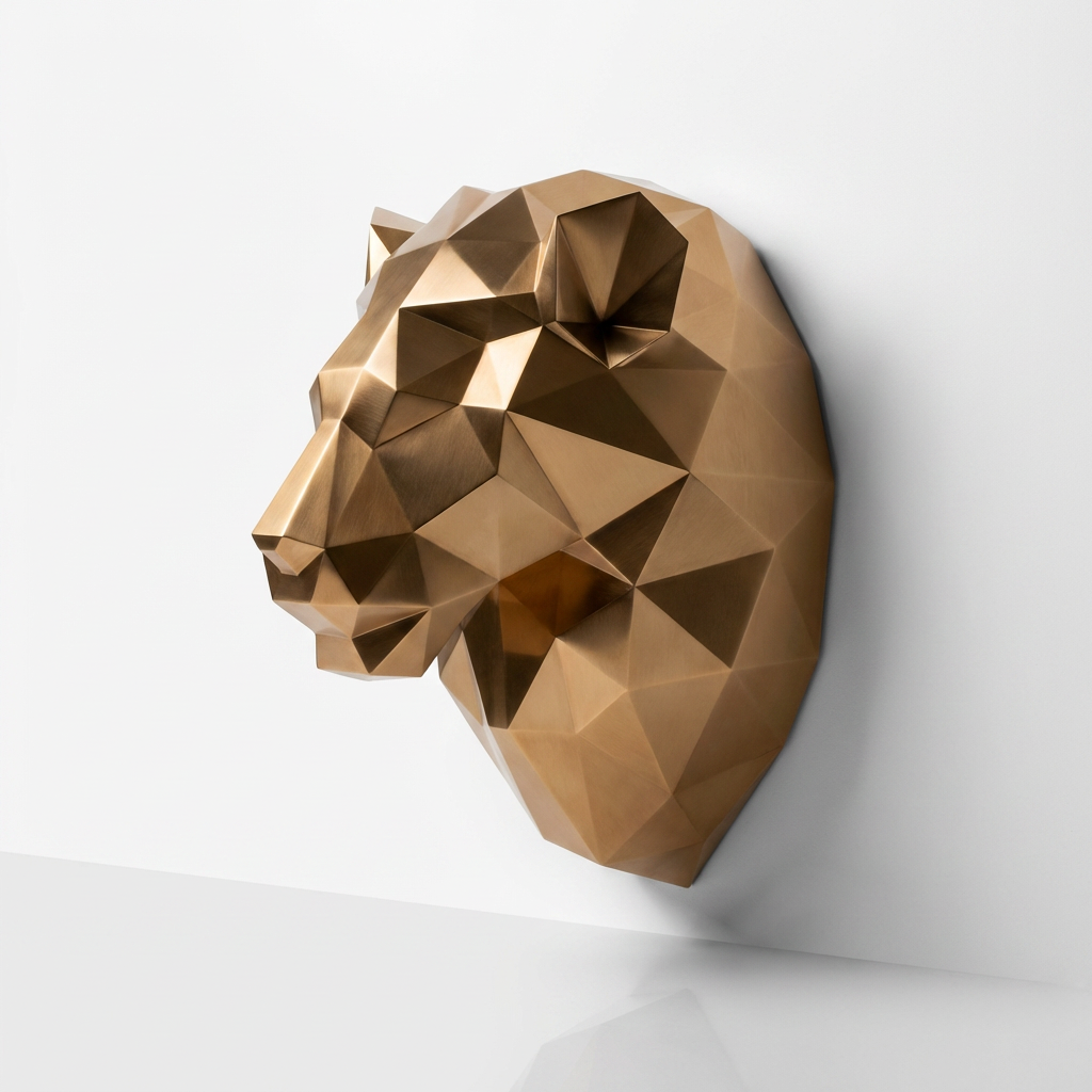Sculpture Tête de Lion Géométrique En Inox Effet Bronze