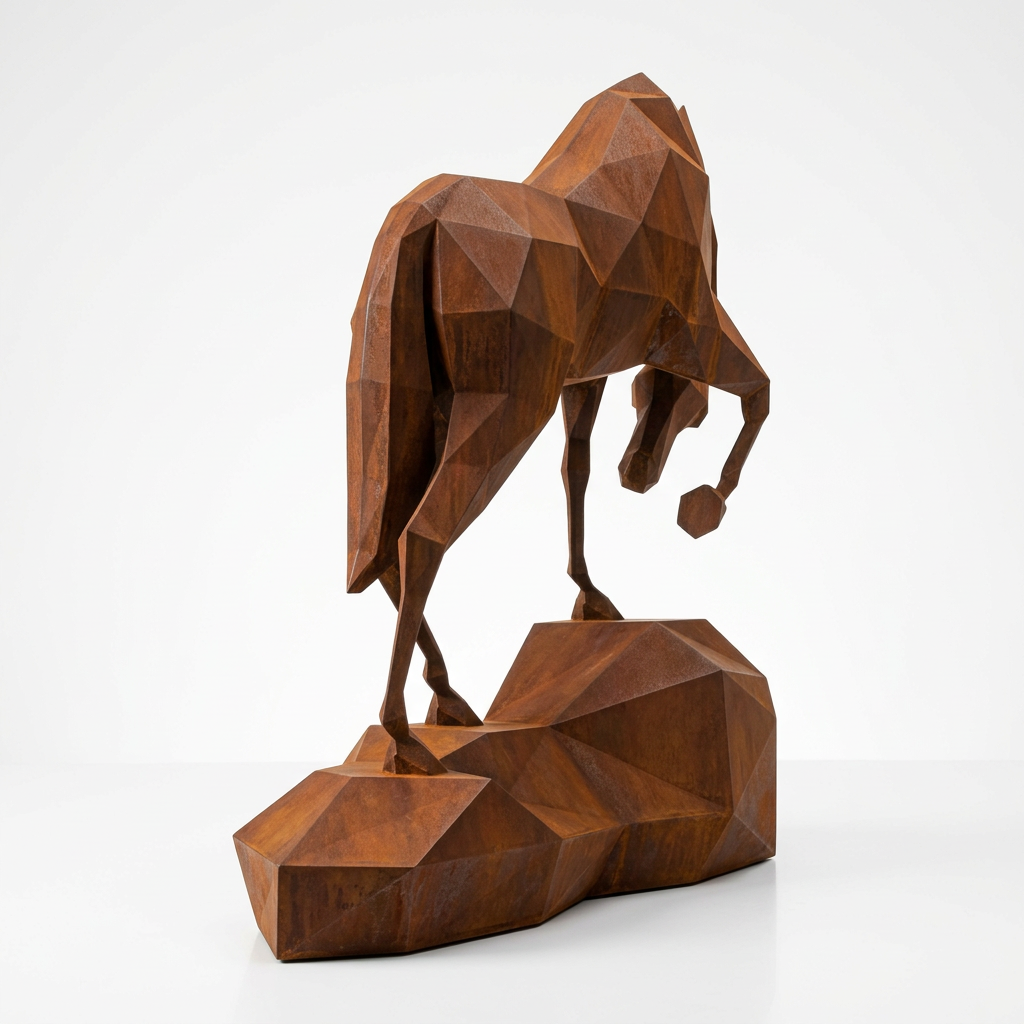 Grande Sculpture cheval Polygone Origami En Corten