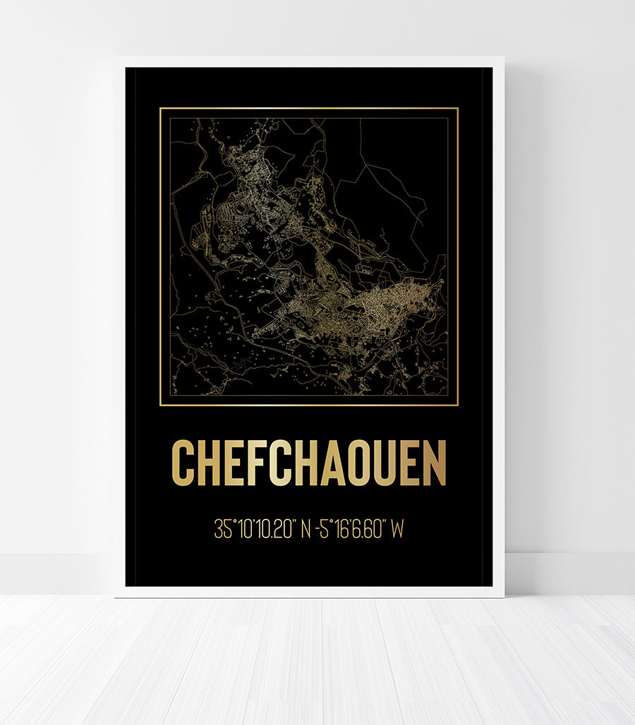 Tableau Décoratif Carte de Chefchaouen - Noir et Doré Élégant