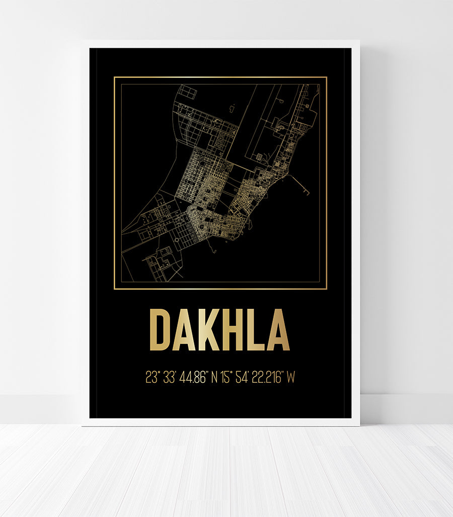 Tableau Décoratif Carte de Dakhla - Noir et Doré Élégant