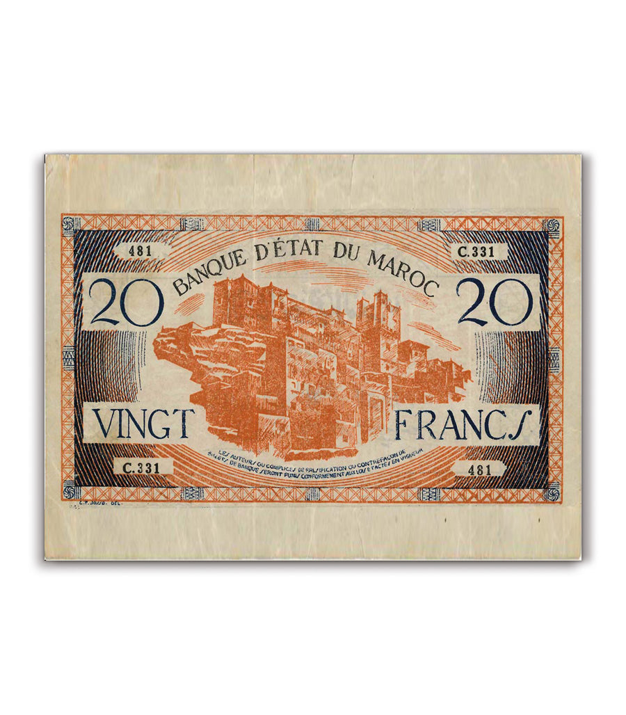 Tableau décoratif Billet de Vingt Francs Marocains
