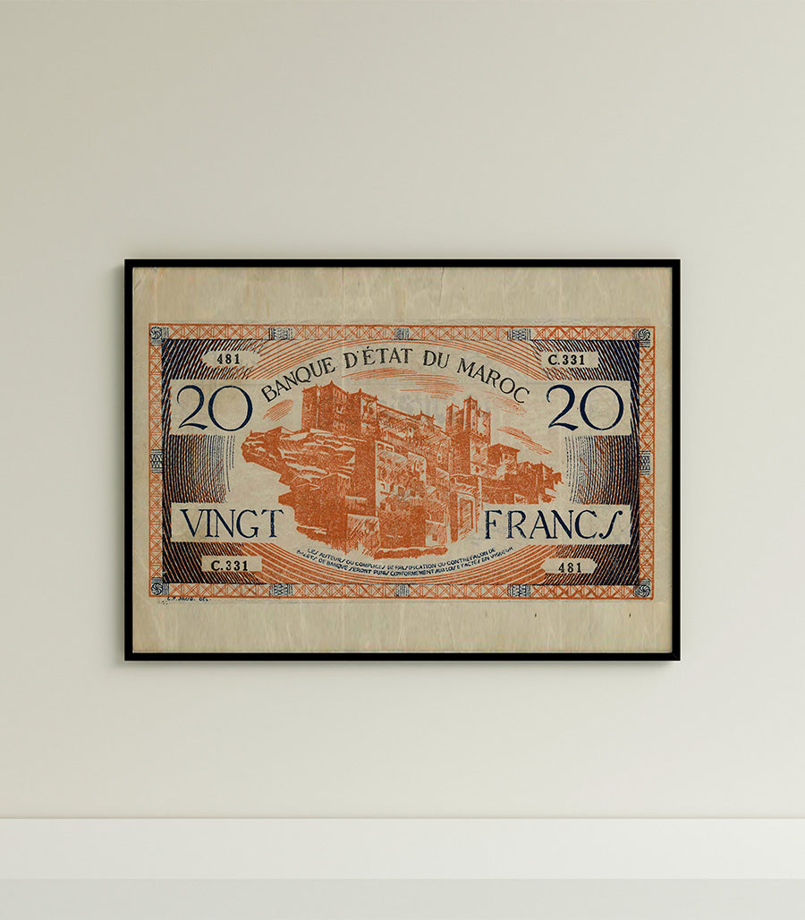 Tableau décoratif Billet de Vingt Francs Marocains