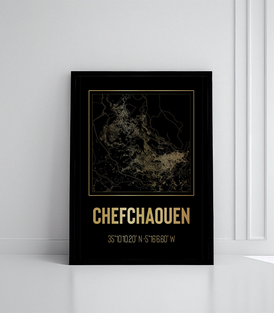 Tableau Décoratif Carte de Chefchaouen - Noir et Doré Élégant