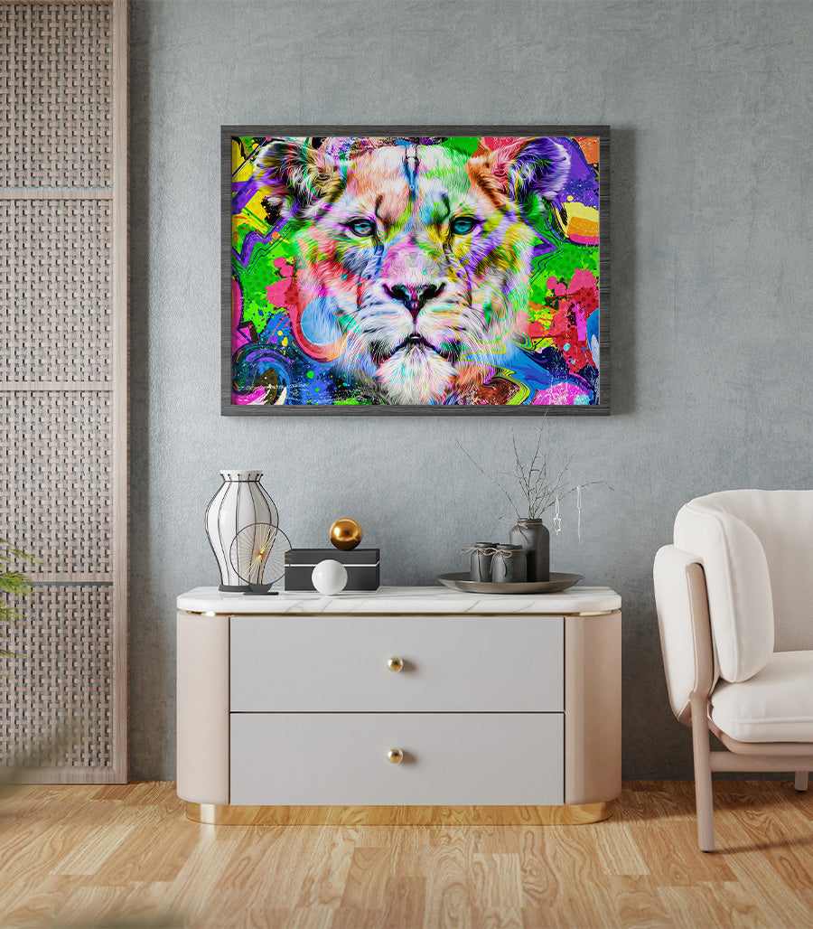 Tableau Décoratif Pop Art Animaux - Lion Coloré pour Salon en Impression sur Velours