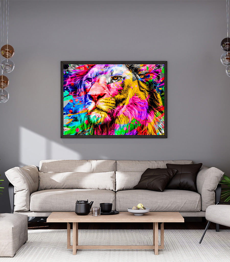 Tableau Décoratif Pop Art Animaux - Lion Majestueux et Coloré en Impression sur Velours