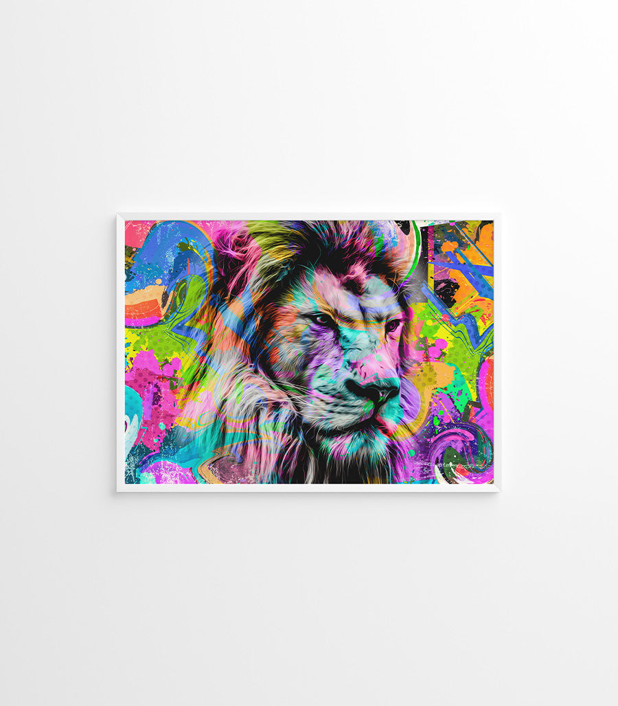Tableau Décoratif Pop Art Animaux - Lion Majestueux Coloré en Impression sur Velours