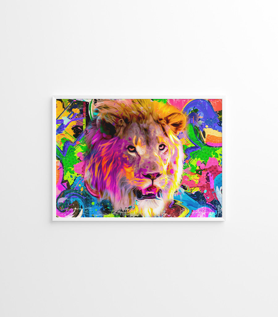 Tableau Décoratif Pop Art Animaux - Lion Coloré en Impression sur Velours