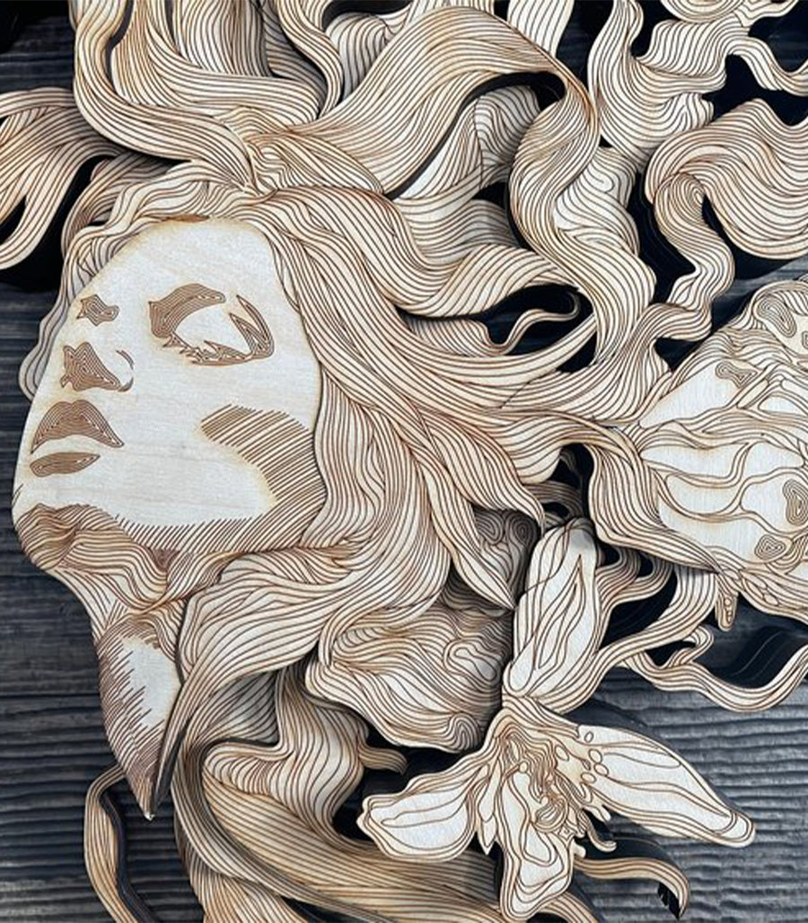 Dame Orchidée en Art Mural Bois 3D Multicouche