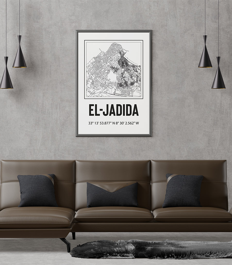 Tableau Décoratif Carte d'El Jadida - Noir et Doré Luxueux