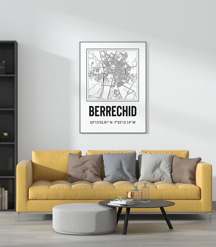 Tableau Décoratif Carte de Berrechid - Design Noir et Dor