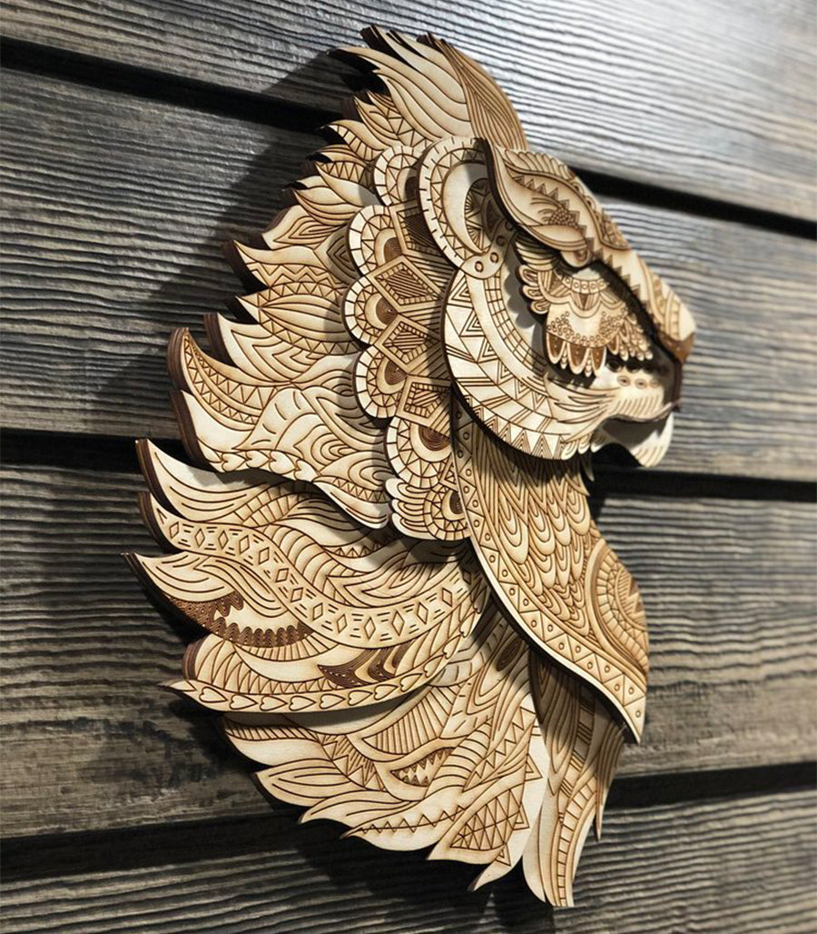Lion en Bois 3D Multicouches pour Mur