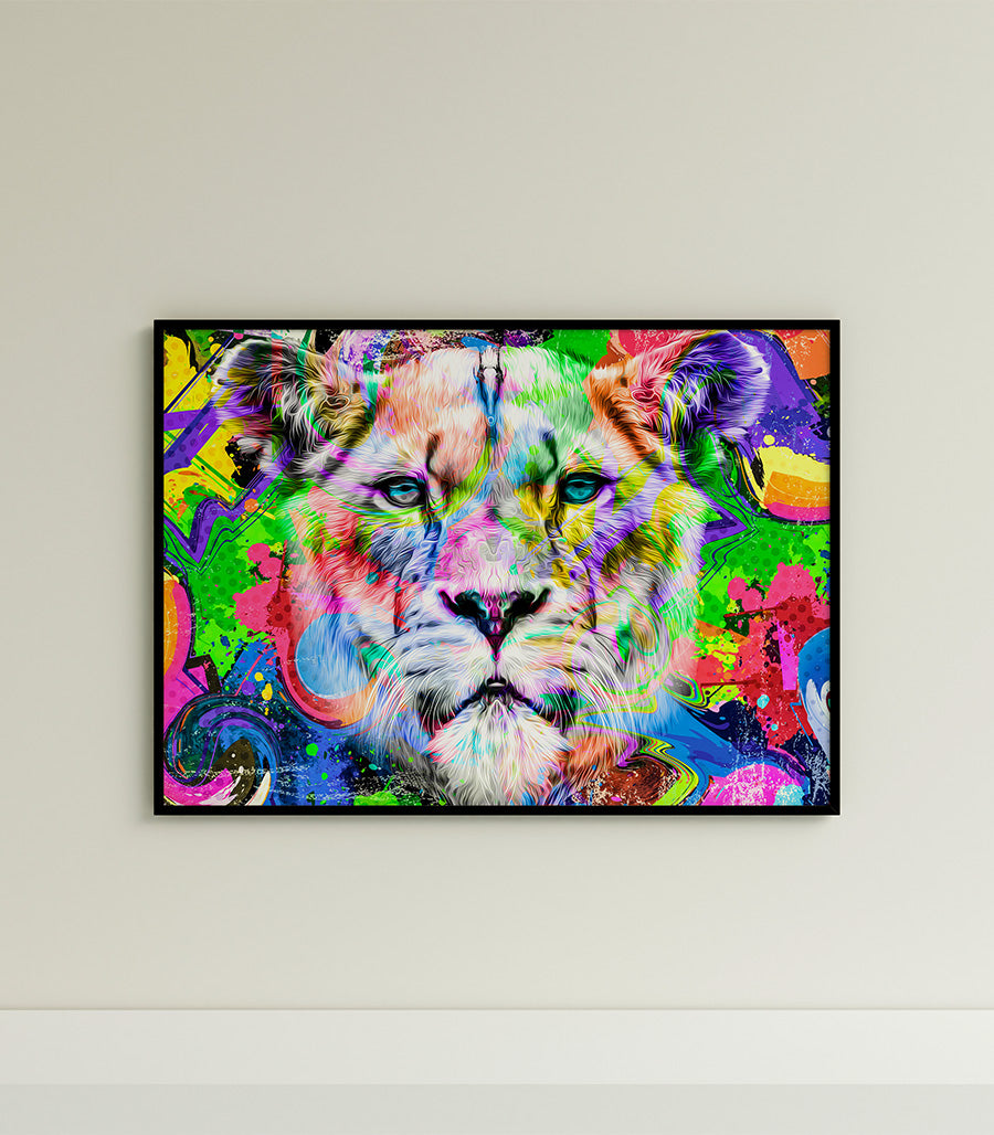 Tableau Décoratif Pop Art Animaux - Lion Coloré pour Salon en Impression sur Velours