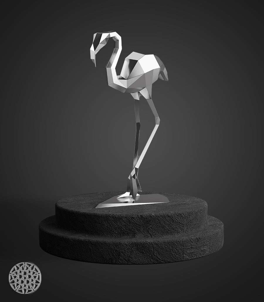 Sculpture Métallique Flamant Rose Low Poly en Inox