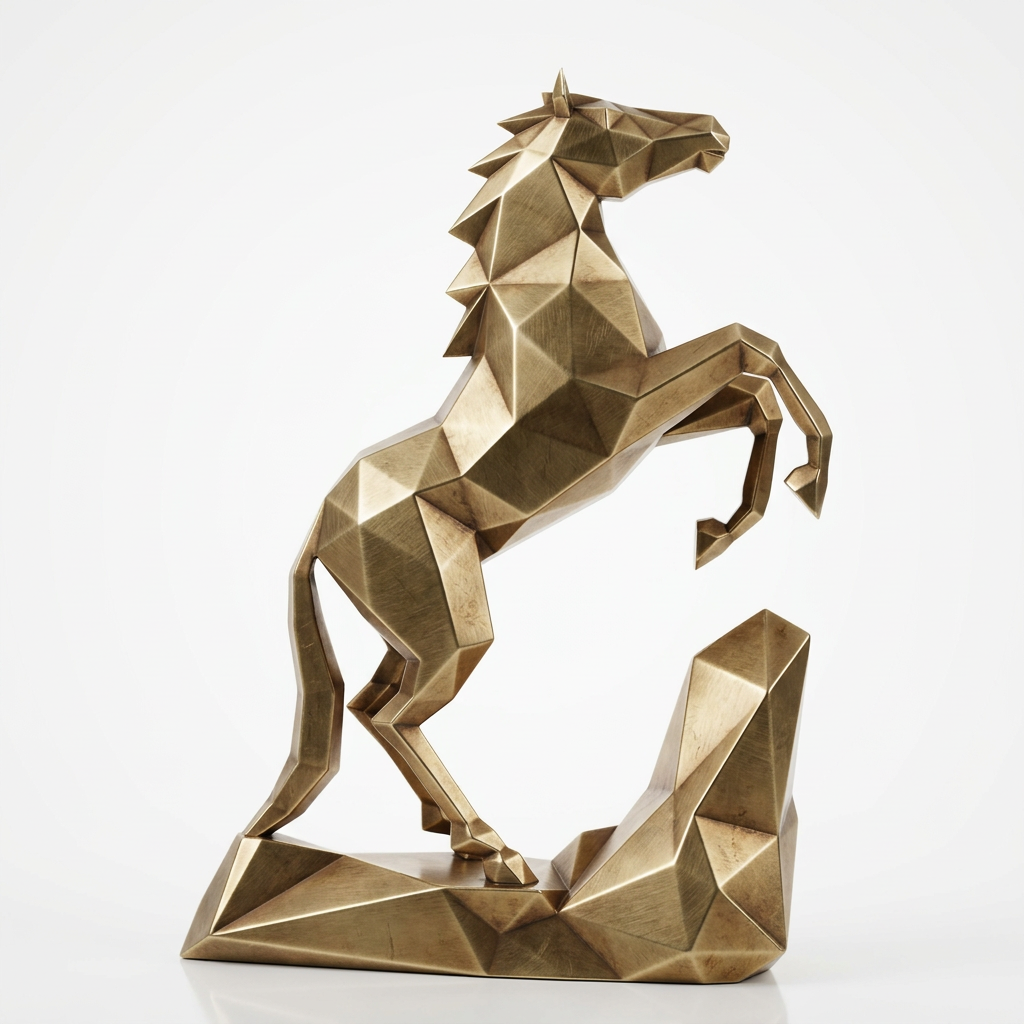 Sculpture Cheval Style Origami Polygone En Inox Effet Bronze