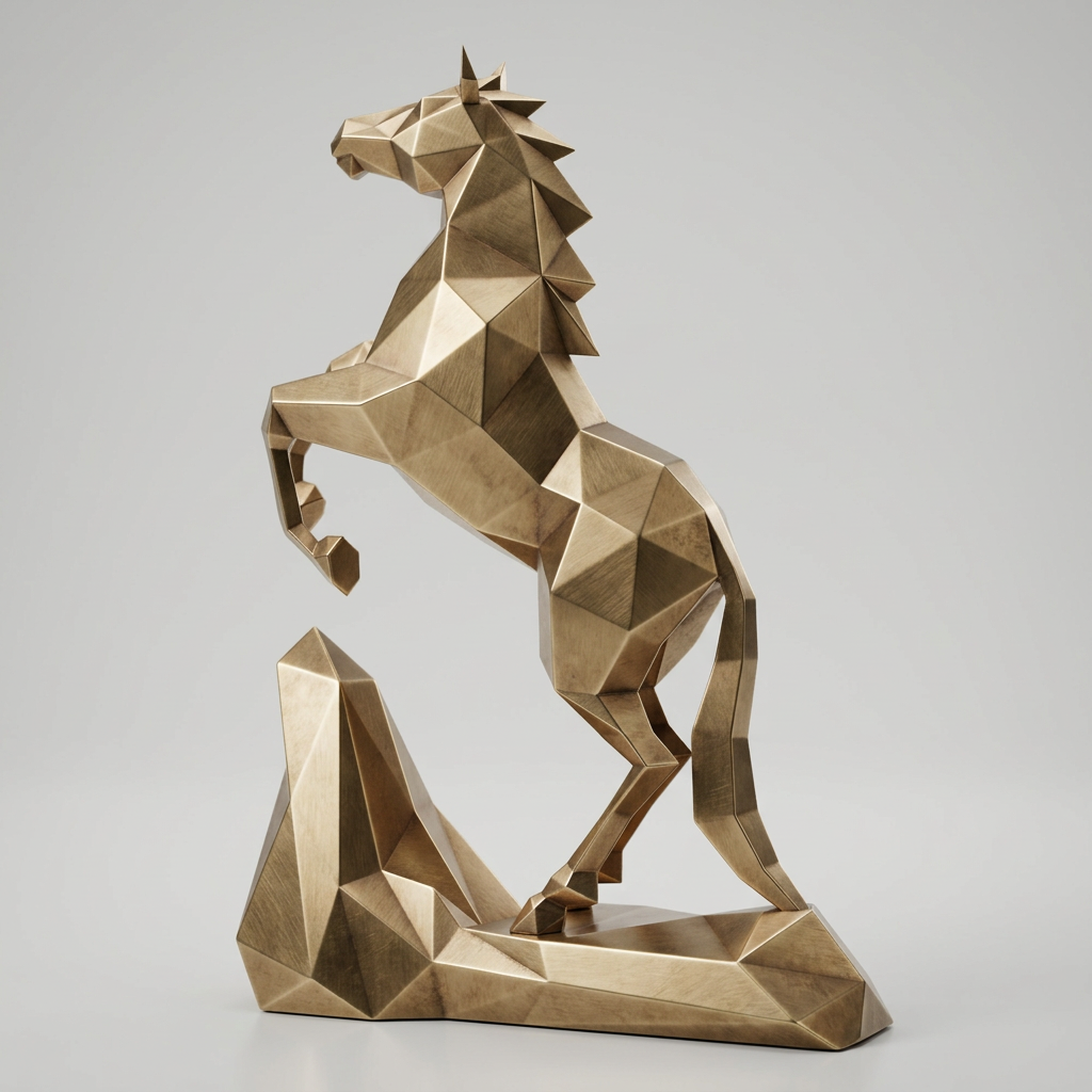 Sculpture Cheval Style Origami Polygone En Inox Effet Bronze