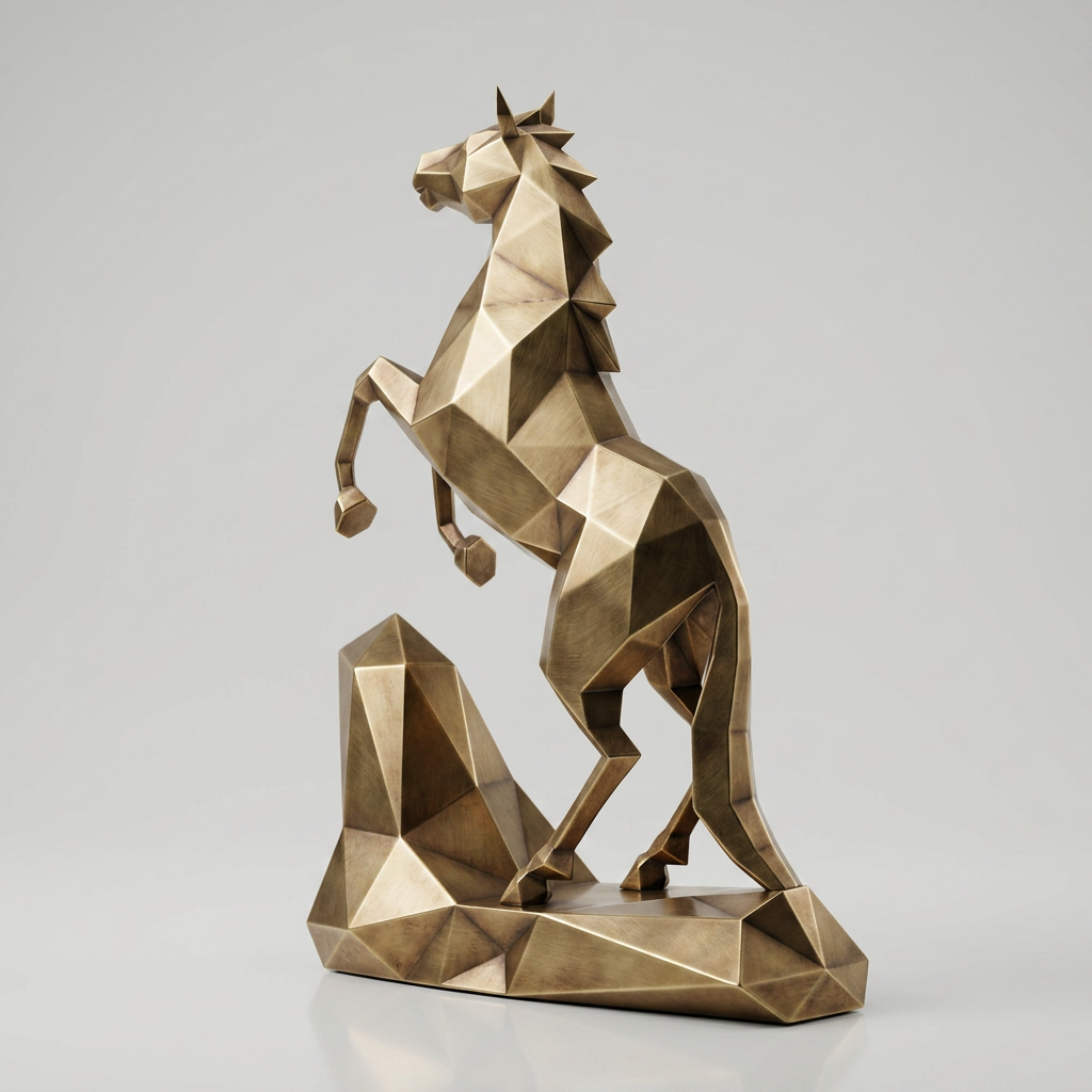 Sculpture Cheval Style Origami Polygone En Inox Effet Bronze