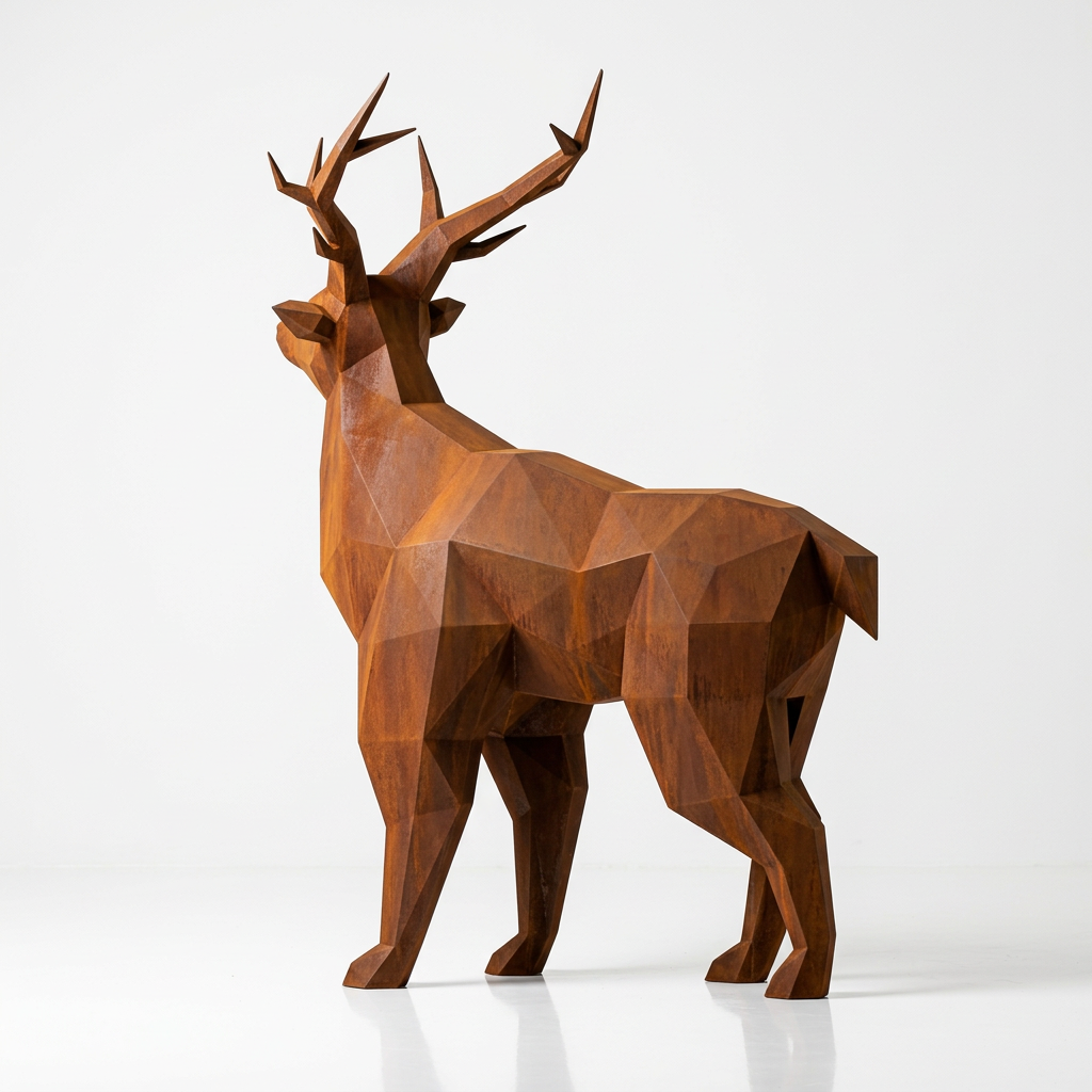 Grande Statue de Cerf Géométrique En Corten
