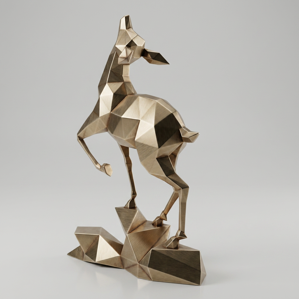 Grande Sculpture Gazelle Polygone Contemporaine En Inox Effet Bronze