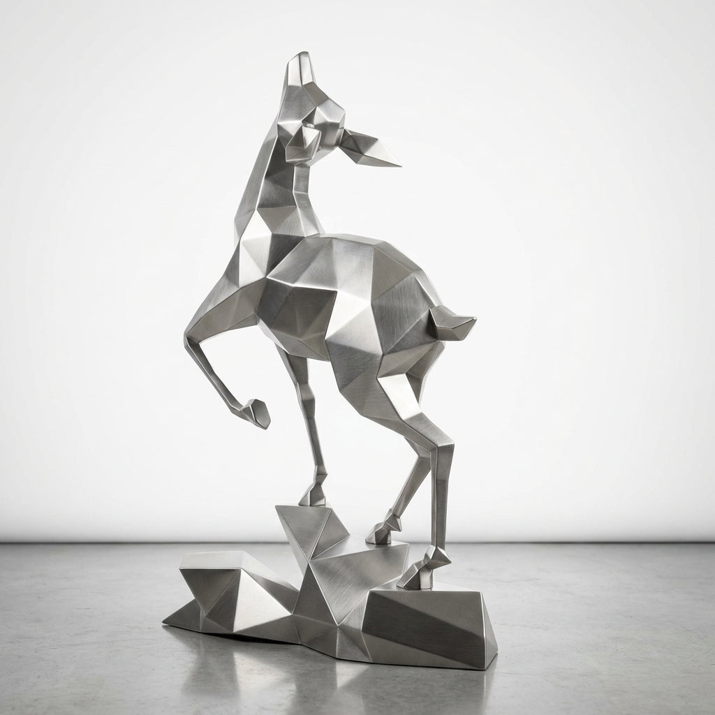Grande Sculpture Gazelle Polygone Contemporaine En Inox