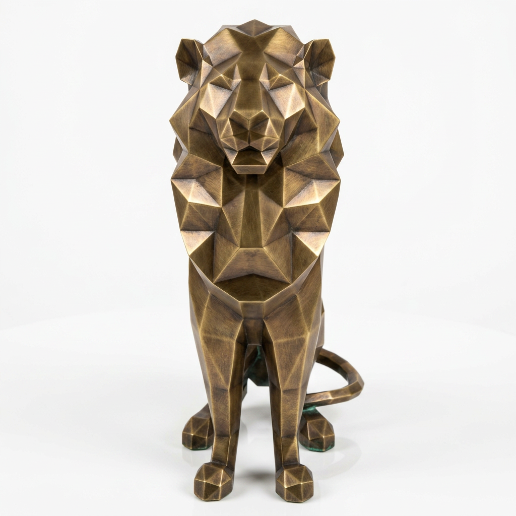Grande Sculpture Lion Assis Polygone