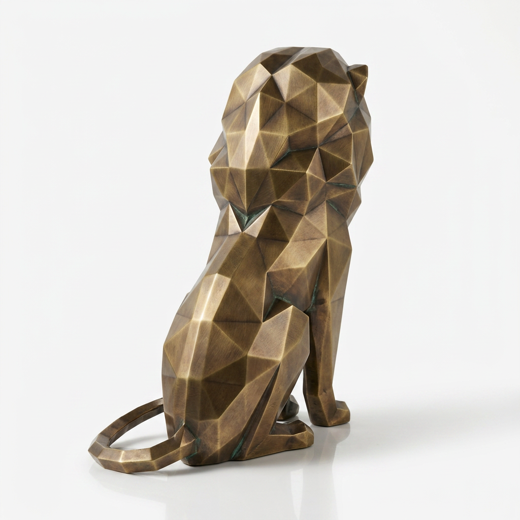 Grande Sculpture Lion Assis Polygone
