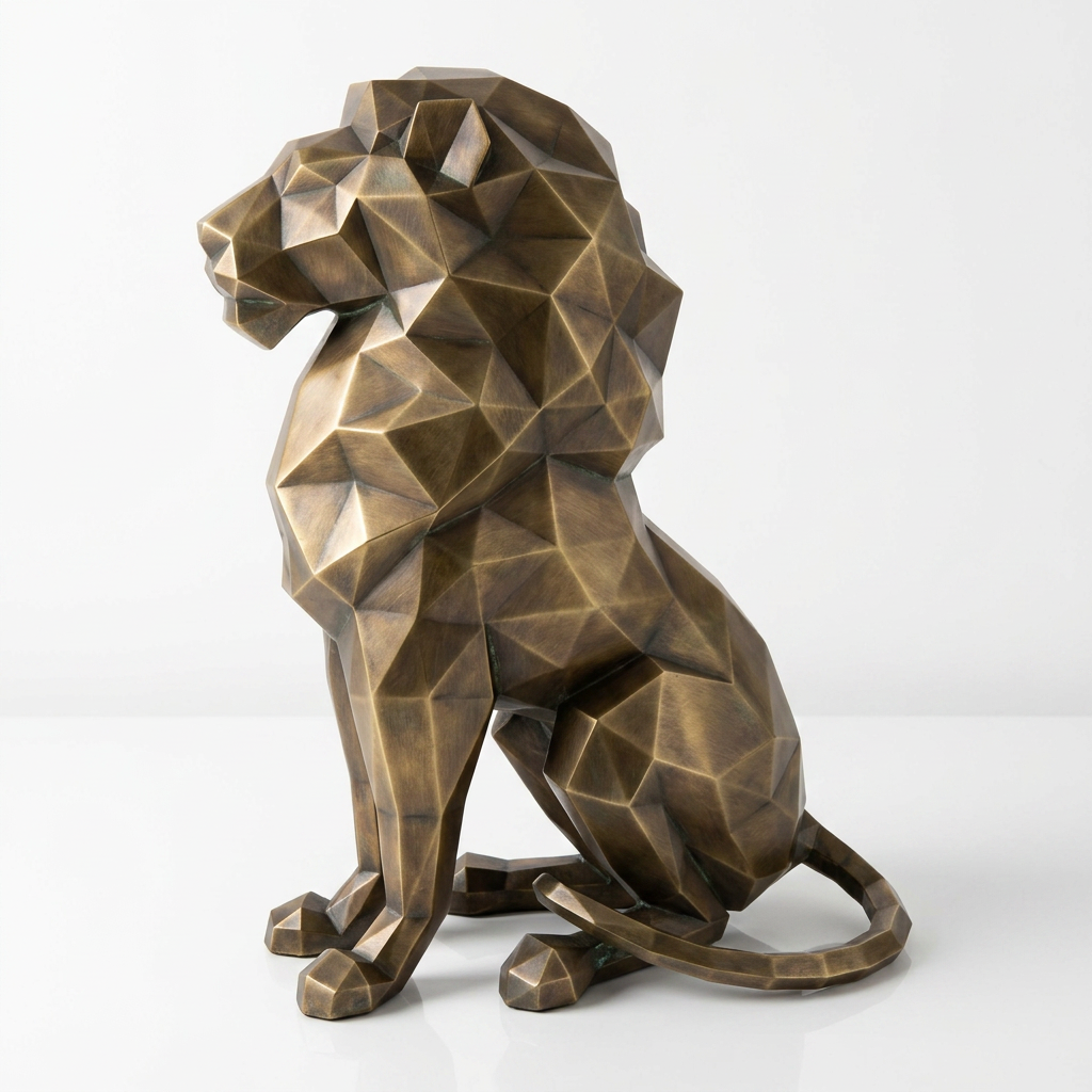 Grande Sculpture Lion Assis Polygone