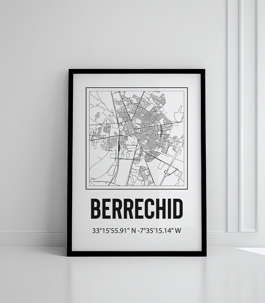 Tableau Décoratif Carte de Berrechid - Design Noir et Dor