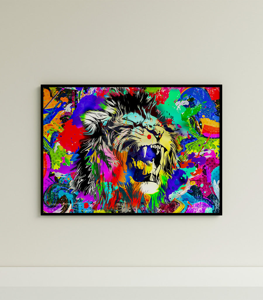 Tableau Décoratif Pop Art Animaux - Lion Rugissant en Impression sur Velours