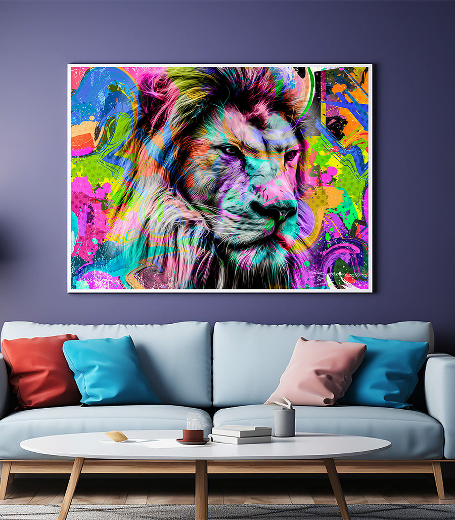 Tableau Décoratif Pop Art Animaux - Lion Majestueux Coloré en Impression sur Velours