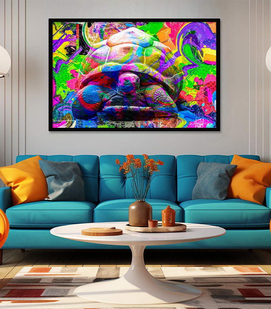 Tableau Décoratif Pop Art Animaux - Tortue Colorée en Impression sur Velours
