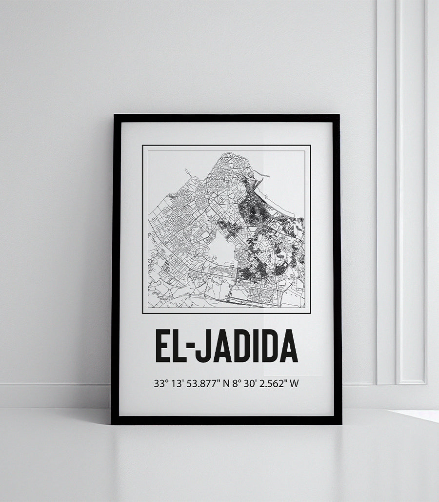 Tableau Décoratif Carte d'El Jadida - Noir et Doré Luxueux