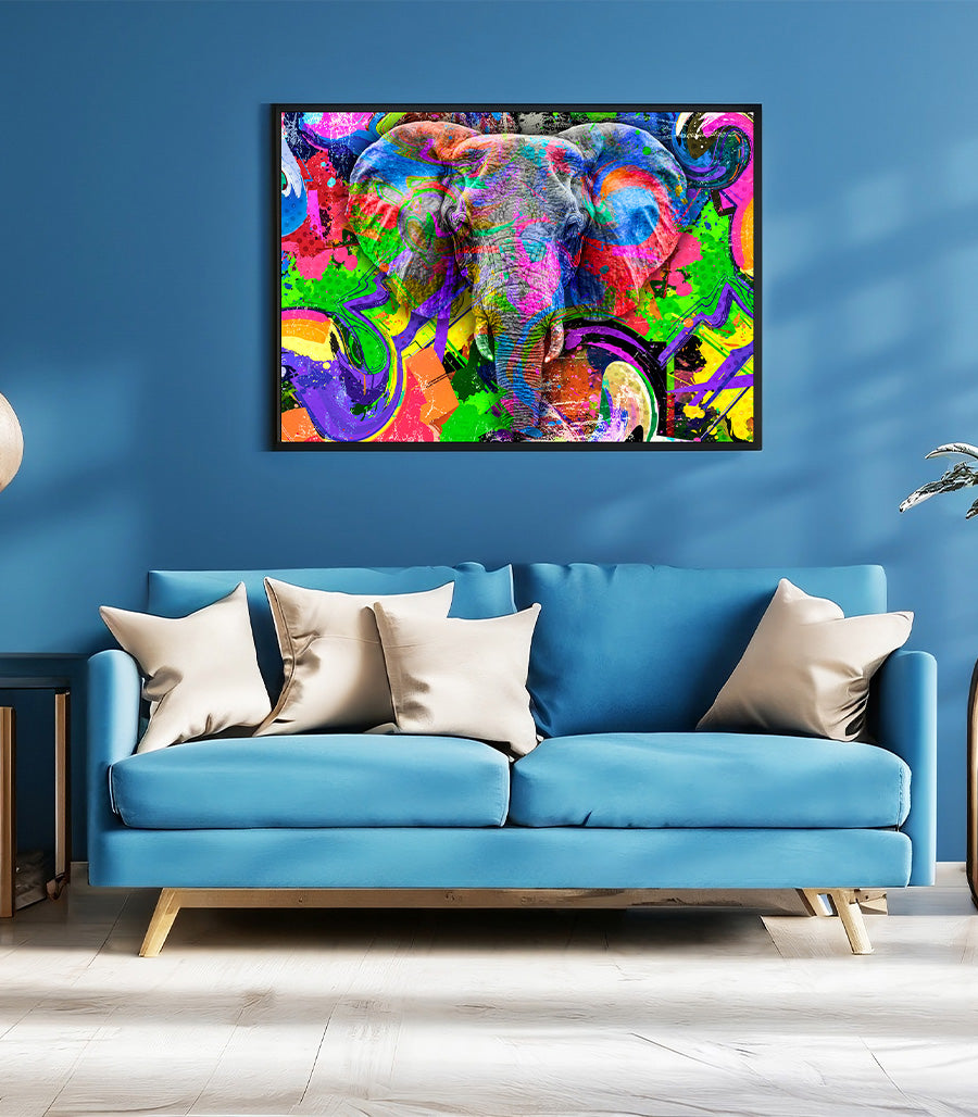 Tableau Décoratif Pop Art Animaux - Éléphant Coloré en Impression sur Velours