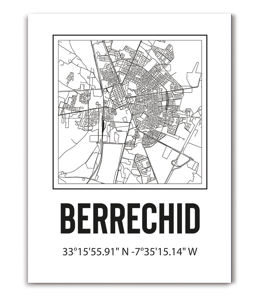 Tableau Décoratif Carte de Berrechid - Design Noir et Dor