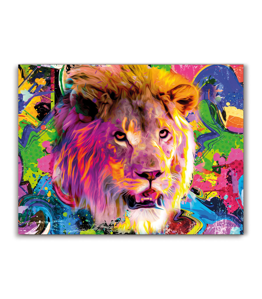 Tableau Décoratif Pop Art Animaux - Lion Coloré en Impression sur Velours