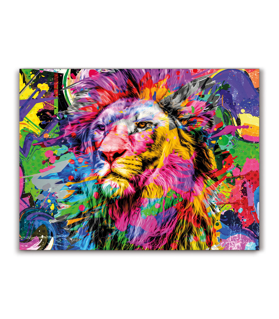 Tableau Décoratif Pop Art Animaux - Lion Majestueux et Coloré en Impression sur Velours