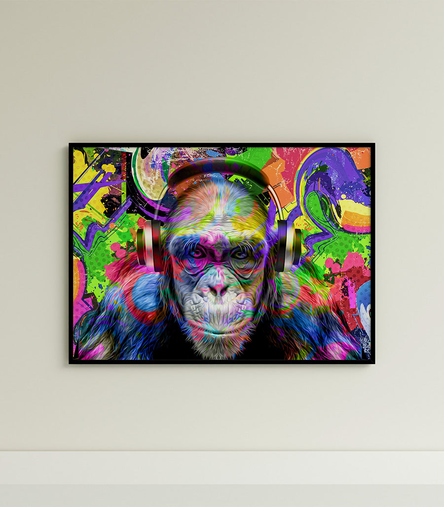 Tableau Décoratif Pop Art Animaux - Singe avec Casque en Impression sur Velours