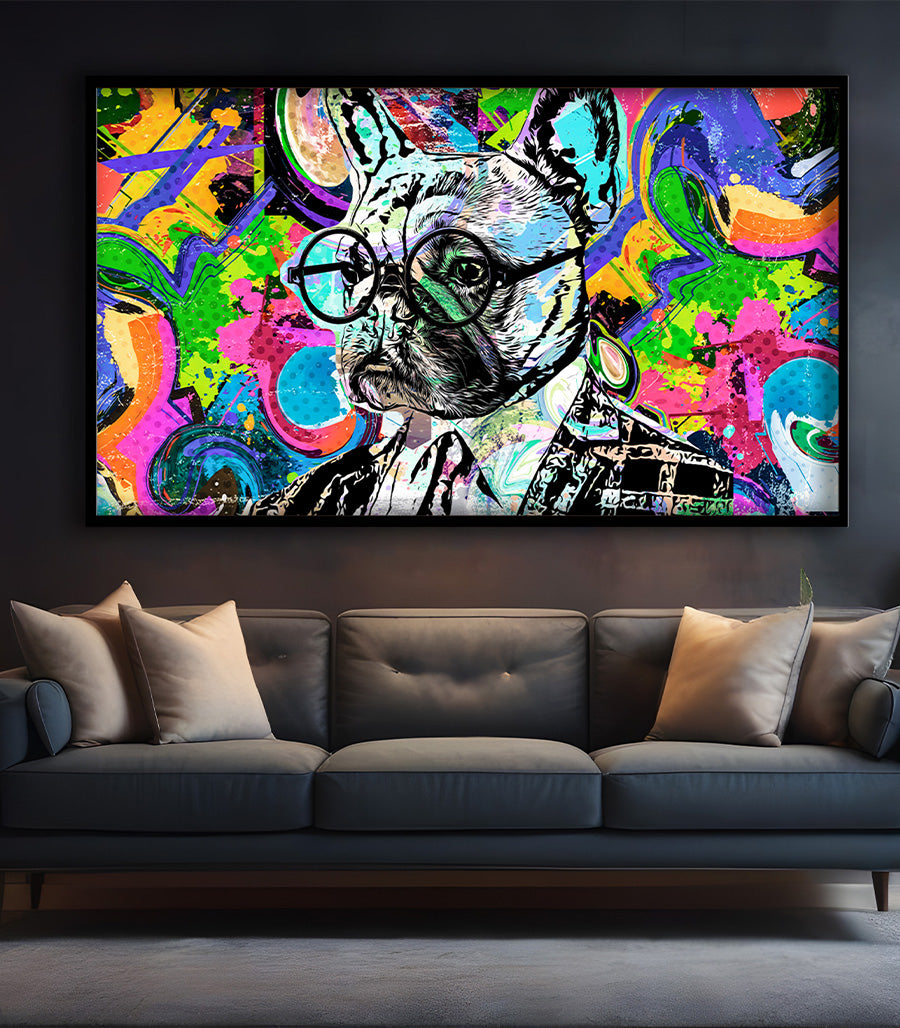 Tableau Décoratif Pop Art Animaux - Bulldog Sophistiqué en Impression sur Velours