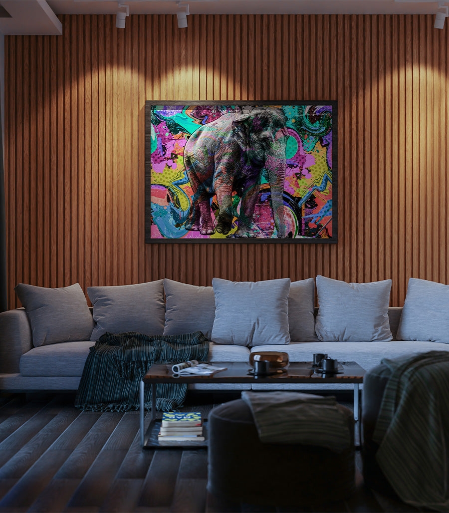 Tableau Décoratif Pop Art Animaux - Éléphant Coloré en Impression sur Velours