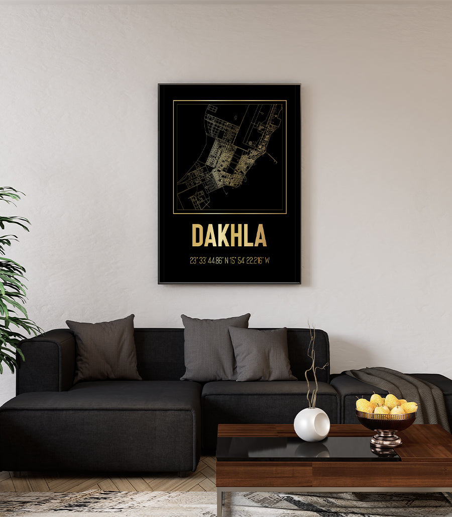 Tableau Décoratif Carte de Dakhla - Noir et Doré Élégant