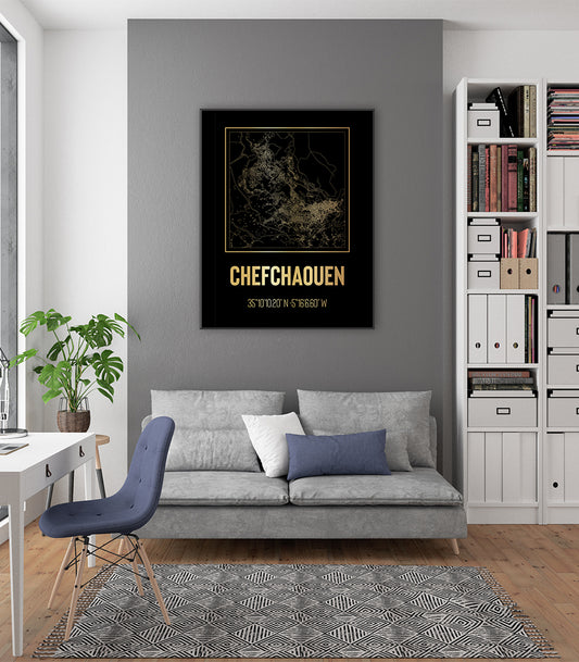 Tableau Décoratif Carte de Chefchaouen - Noir et Doré Élégant