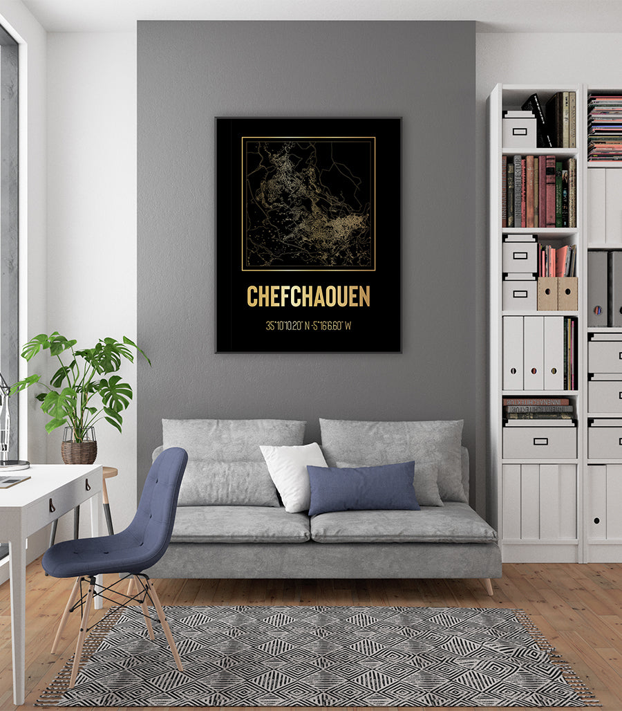 Tableau Décoratif Carte de Chefchaouen - Noir et Doré Élégant