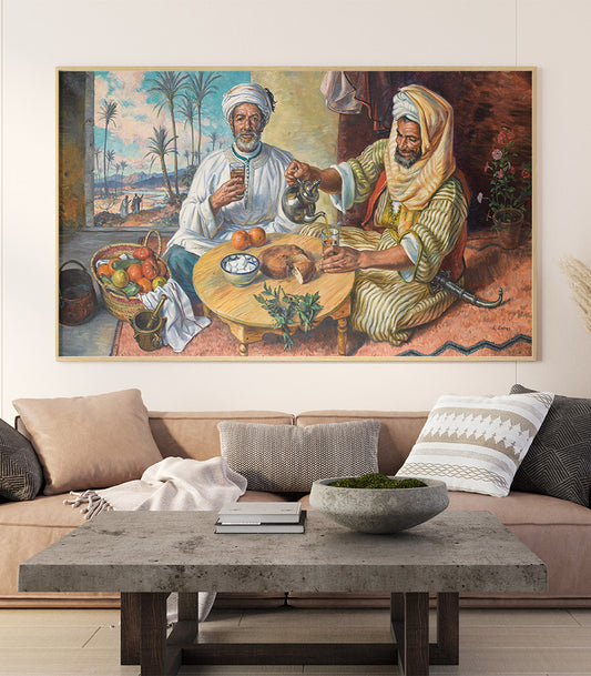 TABLEAU Décoratif de Convivialité Marocaine sous Les Palmiers